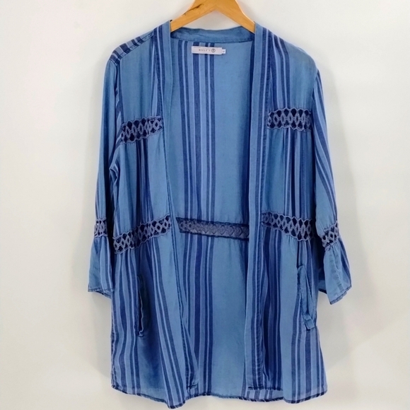 Billy T open front cover up chambray stripe brocade cardigan large - Picture 1 of 12